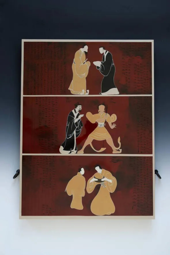 孔子徒人图漆衣镜。左上为孔子像。(图片由杨军提供)