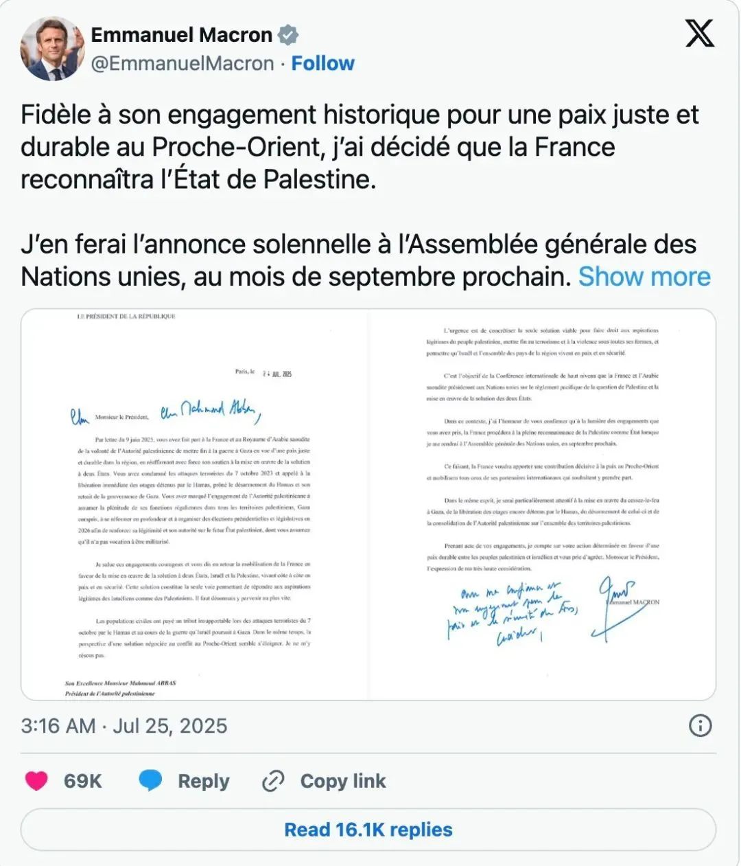 ▎法国总统马克龙周四在社交媒体上宣布将于九月联合国大会上发表承认巴勒斯坦国的声明，并分享了一封寄给巴勒斯坦权力机构主席马哈茂德·阿巴斯的信。图源：加拿大广播公司